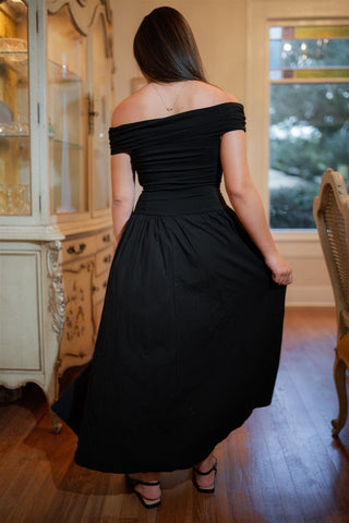 Black Off Shoulder Drop Waist Midi Dress