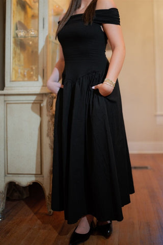 Black Off Shoulder Drop Waist Midi Dress | Select Trends Boutique