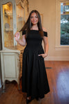 Black Off Shoulder Drop Waist Midi Dress