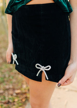 Black Rhinestone Bow Velvet Skirt - Select Trends Boutique