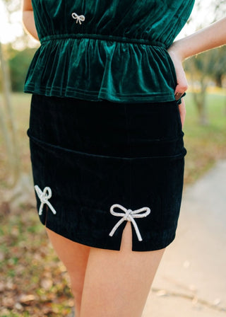Black Rhinestone Bow Velvet Skirt - Select Trends Boutique