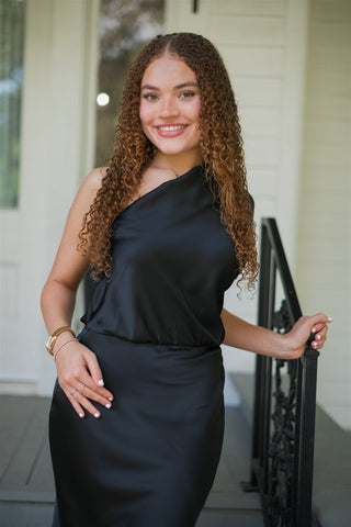 Black Satin One Shoulder Midi Dress