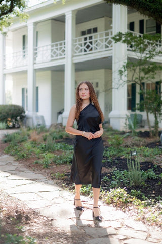Black Satin One Shoulder Midi Dress | Select Trends Boutique
