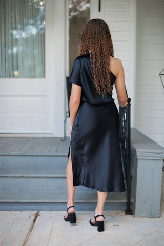 Black Satin One Shoulder Midi Dress - Select Trends Boutique