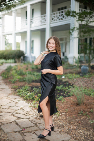 Black Satin One Shoulder Midi Dress