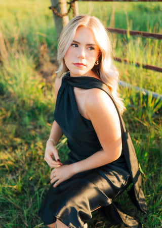 Black Satin One Shoulder Scarf Top - Select Trends Boutique