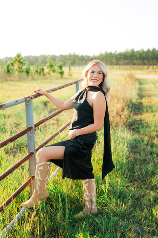 Black Satin One Shoulder Scarf Top - Select Trends Boutique