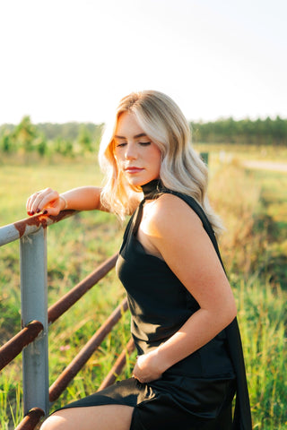 Black Satin One Shoulder Scarf Top - Select Trends Boutique