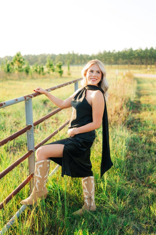 Black Satin One Shoulder Scarf Top | Select Trends Boutique