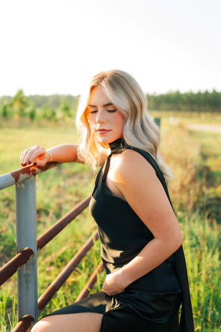 Black Satin One Shoulder Scarf Top | Select Trends Boutique