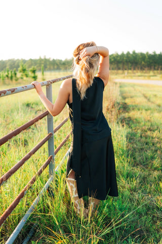 Black Satin Slit Midi Skirt