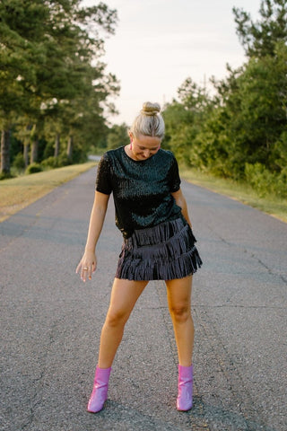 Black Sequin Cap Sleeve Top | Select Trends Boutique