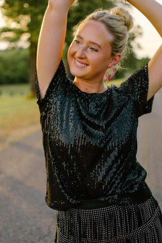 Black Sequin Cap Sleeve Top | Select Trends Boutique