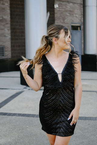 Black Sequin Feather Cocktail Dress