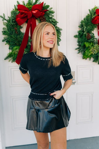 Black Stitch Detail Short Sleeve Top - Select Trends Boutique