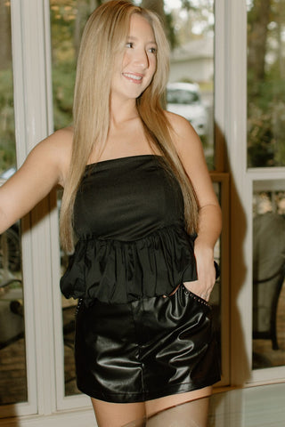 Black Strapless Balloon Hem Top
