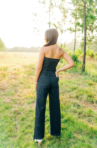 Black Strapless Denim Jumpsuit | Select Trends Boutique