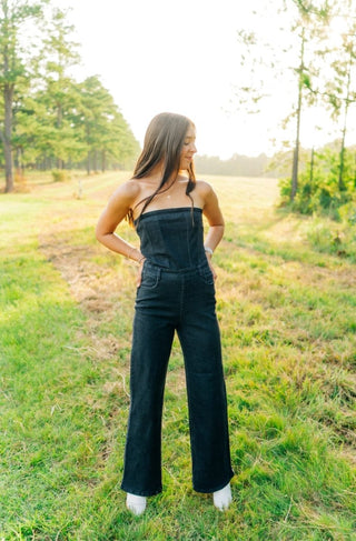 Black Strapless Denim Jumpsuit | Select Trends Boutique