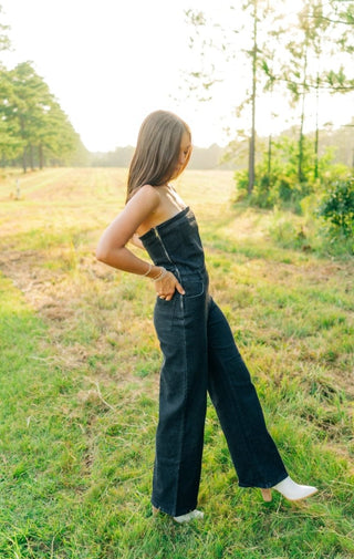 Black Strapless Denim Jumpsuit | Select Trends Boutique