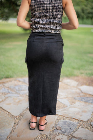 Black Suede Cargo Midi Skirt