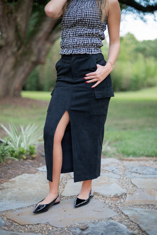 Black Suede Cargo Midi Skirt