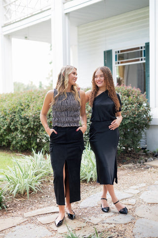 Black Suede Cargo Midi Skirt