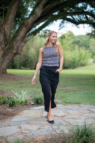 Black Suede Cargo Midi Skirt