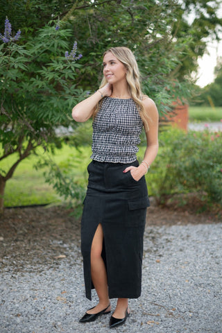 Black Suede Cargo Midi Skirt