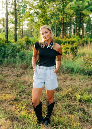 Black Twist Draped Shoulder Top | Select Trends Boutique
