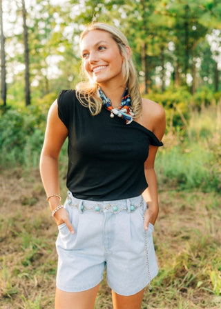 Black Twist Draped Shoulder Top | Select Trends Boutique