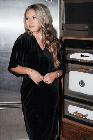 Black Velvet Kimono Sleeve Midi Dress - Select Trends Boutique