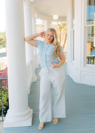 Blue Button Up Short Sleeve Knit Top | Select Trends Boutique