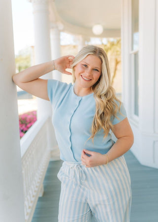 Blue Button Up Short Sleeve Knit Top | Select Trends Boutique