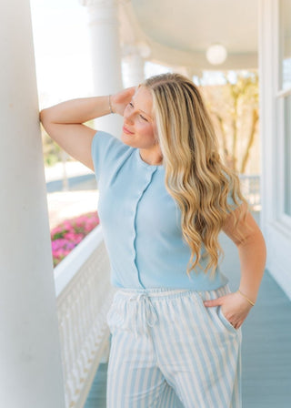 Blue Button Up Short Sleeve Knit Top | Select Trends Boutique