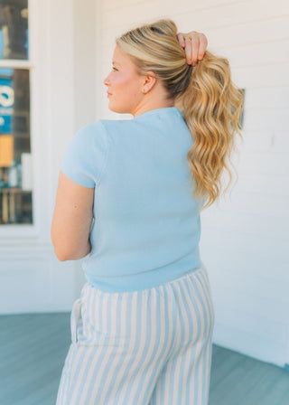 Blue Button Up Short Sleeve Knit Top | Select Trends Boutique