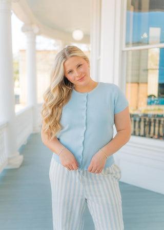 Blue Button Up Short Sleeve Knit Top | Select Trends Boutique