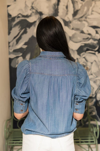 Blue Chambray Puff Sleeve Blouse | Select Trends Boutique