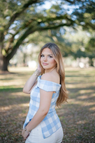 Blue Checkered Off Shoulder Knit Top - Select Trends Boutique