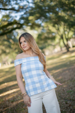 Blue Checkered Off Shoulder Knit Top - Select Trends Boutique