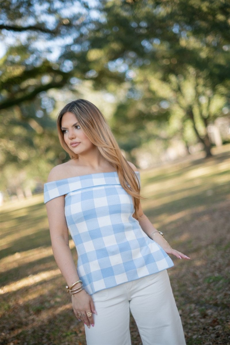 Blue Checkered Off Shoulder Knit Top