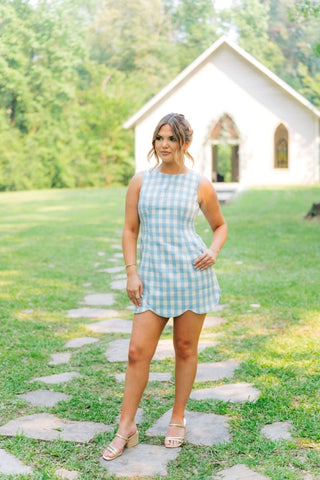 Blue Checkered Scallop Hem Tweed Dress | Select Trends Boutique