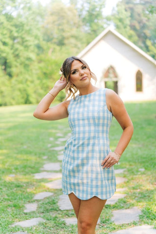 heritage gingham scallop hem mini dress - blue, Medium heritage gingham scallop hem mini dress - blue, Medium