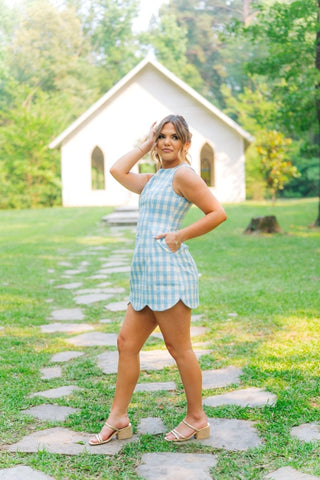 Blue Checkered Scallop Hem Tweed Dress | Select Trends Boutique
