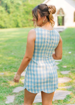 Blue Checkered Scallop Hem Tweed Dress | Select Trends Boutique