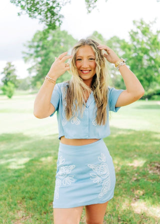 Blue Embroidered Blouse & Skirt Set - Select Trends Boutique