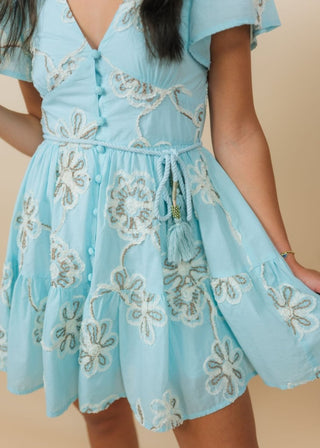 Blue Embroidered Tie Waist Mini Dress | Select Trends Boutique