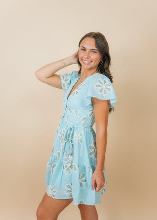 Blue Embroidered Tie Waist Mini Dress | Select Trends Boutique