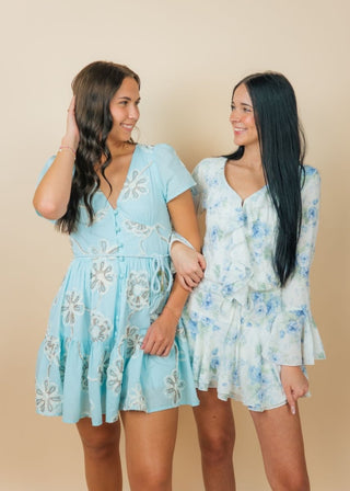 Blue Embroidered Tie Waist Mini Dress | Select Trends Boutique