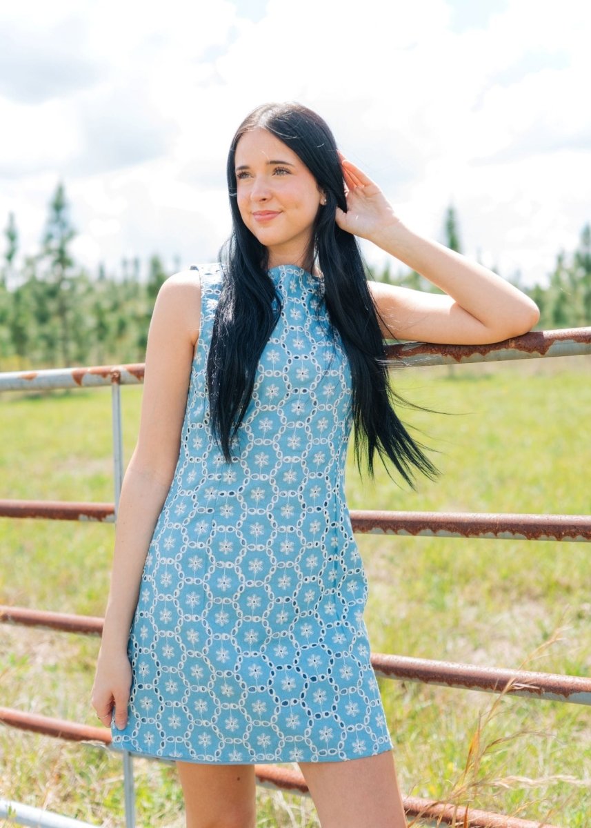 Blue Eyelet Lace Sleeveless Dress