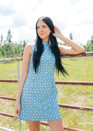 blue eyelet lace dress Blue Eyelet Lace Dress - Floral Embroidery & Puff Sleeves